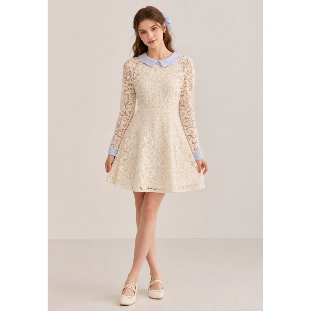 MODCLOTH Dress Women Small White Baby Blue Crochet Knit Lined Collared Coquette‎